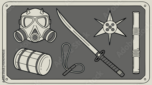 Post Apocalyptic Survival Gear Kit with Gas Mask Sword and Weapons for Gaming Design or Adventure Media Projects