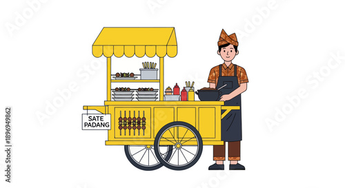 Vibrant Yellow Food Cart with Vendor Selling Satay.