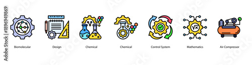 Scientific and Industrial Design web banner icon vector illustration featuring Biomolecular, Design, Chemical, Chemical, Control System, Mathematics, and Air Compressor.
