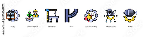 Modern Engineering Fields web banner icon vector illustration featuring Study, Environmental, Structural, Road, Digital Marketing, Infrastructure, and Motor.