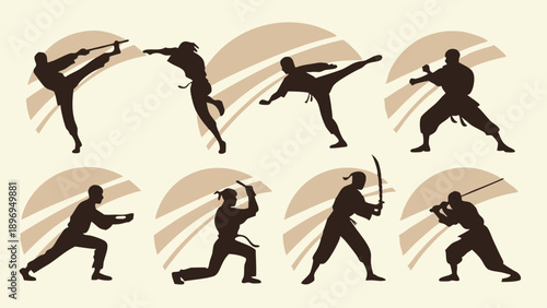 Silhouettes of Dynamic Martial Arts Fighters Performing Kicks Punches Weapon Training for Sports Fitness Design Projects