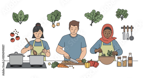 Diverse Group Preparing Healthy Meal Together in Kitchen.