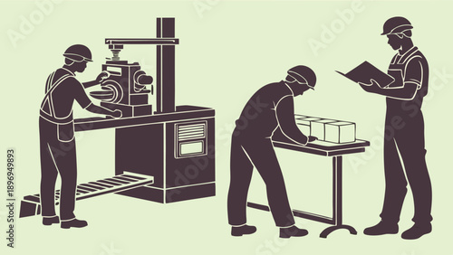 Industrial Workers Operating Machinery and Inspecting Quality Control Samples for Manufacturing Excellence and Production Safety Standards