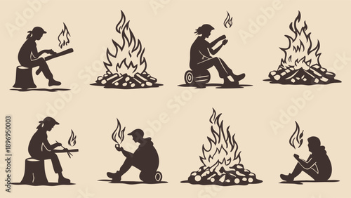 Camping Silhouette Set People Sitting By Campfires Wood Logs Burning Outdoor Relaxation Adventure Travel Design Elements