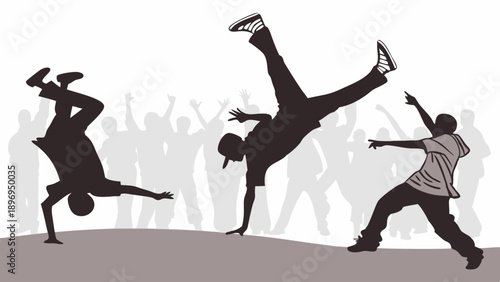 Dynamic Breakdancers Silhouette Performing Power Moves on Stage with Cheering Crowd Background for Hip Hop Dance Events