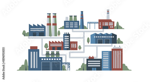 Colorful Industrial Factory Buildings Connected by Pipelines Vector Illustration.