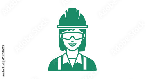 Green icon of female construction worker with hard hat and safety glasses.