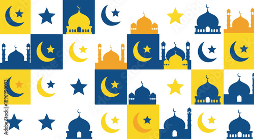 Collage of blue and yellow icons featuring mosques, moons, and stars on a white background.