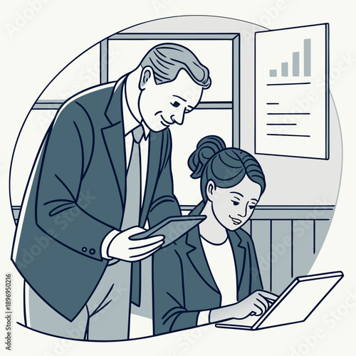 Business colleagues collaborating and analyzing data on a laptop and tablet in an office setting.