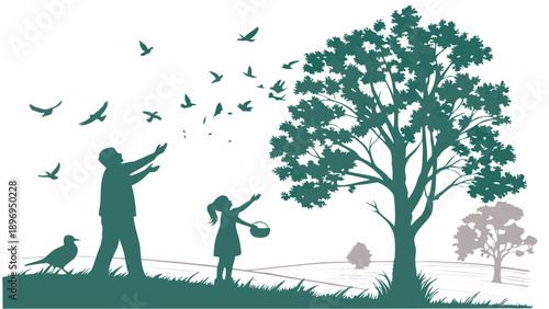 Generational Bond Father and Child Releasing Birds Outdoors Symbolizing Freedom Hope and New Beginnings for Ecology or Family Themes