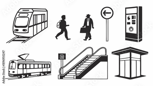 Urban Transit Icons Set Commuters Navigating Subway Metro Station Escalator Train Ticket Kiosk Signage for City Travel Planning