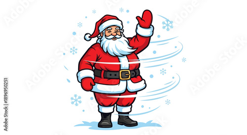 A cheerful cartoon Santa Claus in a red suit waving happily in a snowy winter wind.