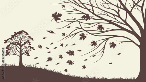 Autumn Wind Blows Leaves Off Bare Trees on Hillside Seasonal Weather Graphic Design Element For Fall Website Backgrounds