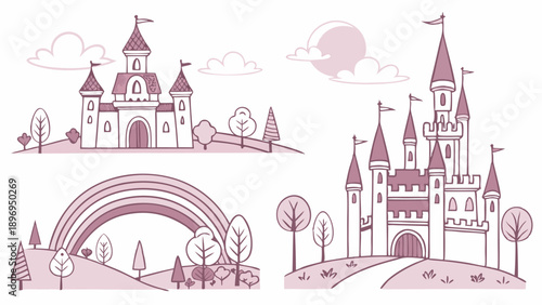 Fairytale Castle Landscape Set Magical Fantasy Kingdom Icons for Children Storybook Design Enchanting Illustration
