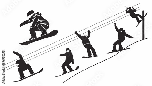 Dynamic Snowboarders Riding Downhill Ski Slope with Chairlift Cables Winter Sports Action for Extreme Sports Advertising and Seasonal Web Design Projects