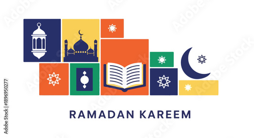 Colorful Ramadan Kareem graphic design with Islamic symbols and icons on a collage of squares