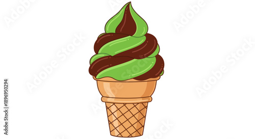 Delicious Green and Brown Swirled Soft-Serve Ice Cream in a Waffle Cone.