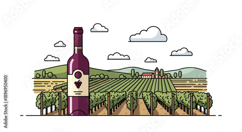 Cartoon Style Red Wine Bottle and Vineyard Landscape Illustration.