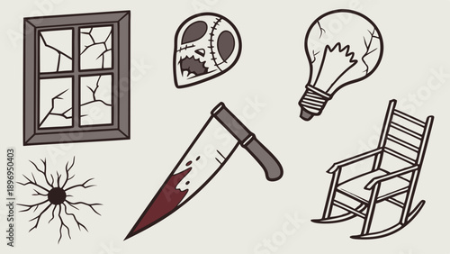 Horror Game Assets Cracked Window Knife Light Bulb Rocking Chair Spooky Icons for Thriller Design Projects