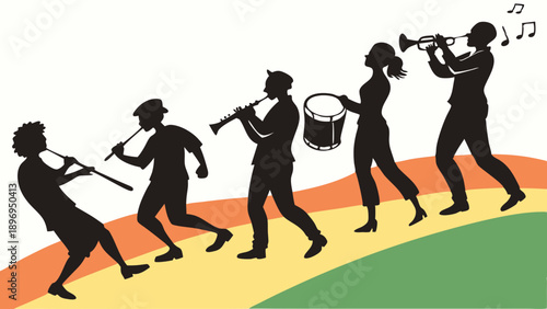 Joyful Street Band Parade with Brass and Woodwind Musicians Marching Happily for Festival or Celebration Event