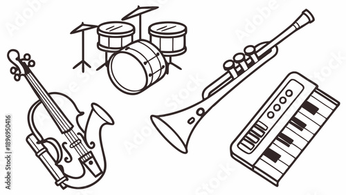 Vector Illustration of Violin Drums Trumpet Keyboard for Music Education and Entertainment Design Projects