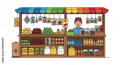 A colorful illustrated market stall with a friendly vendor selling fresh produce and groceries.