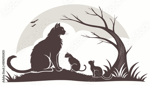Black Cat Family Silhouette Watching Sunset Near Bare Tree Ideal for Pet Care Branding Wildlife Illustration or Storybook Design