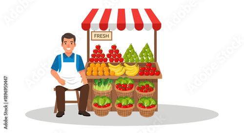 Smiling Male Vendor Sits by Fresh Fruit and Vegetable Stall.