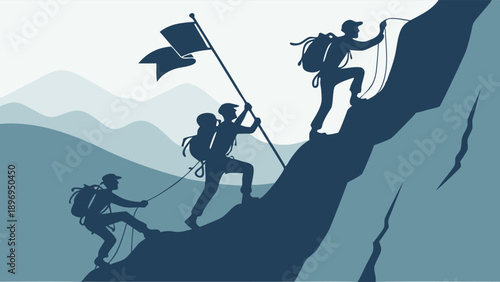Mountain Climbers Reaching Summit With Flag Symbolizing Achievement Success Teamwork Goal Setting Adventure