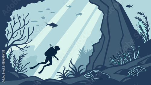 Underwater Scuba Diver Exploring Sunlit Ocean Cave Reef for Travel Brochures Adventure Websites and Nature Documentaries