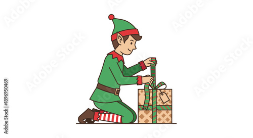 Cartoon Elf Kneeling and Opening a Wrapped Christmas Gift.