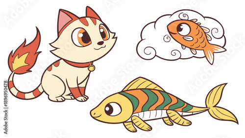 Cute Fire Tail Cat Character with Whimsical Fish Illustrations for Children Book Design and Fun Web Graphics