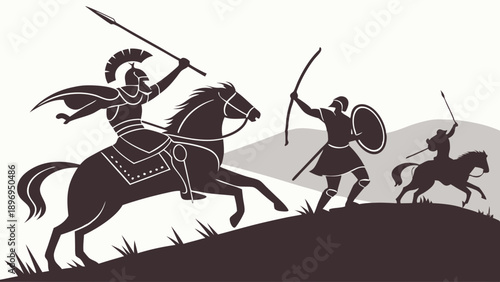 Ancient Cavalry Warrior Charging on Horseback Attacking Archer on Hill for Epic Historical Battle Illustration