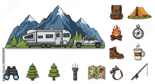 Camping equipment and RV trailer with mountains background.