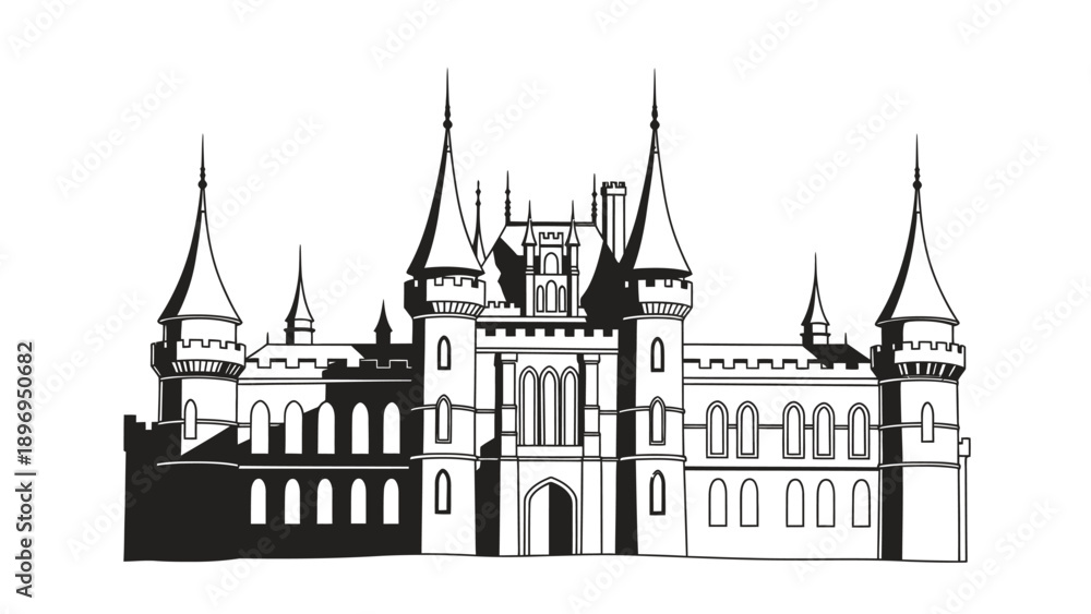 Fototapeta premium Detailed Black and White Castle Illustration with Spired Towers and Arches