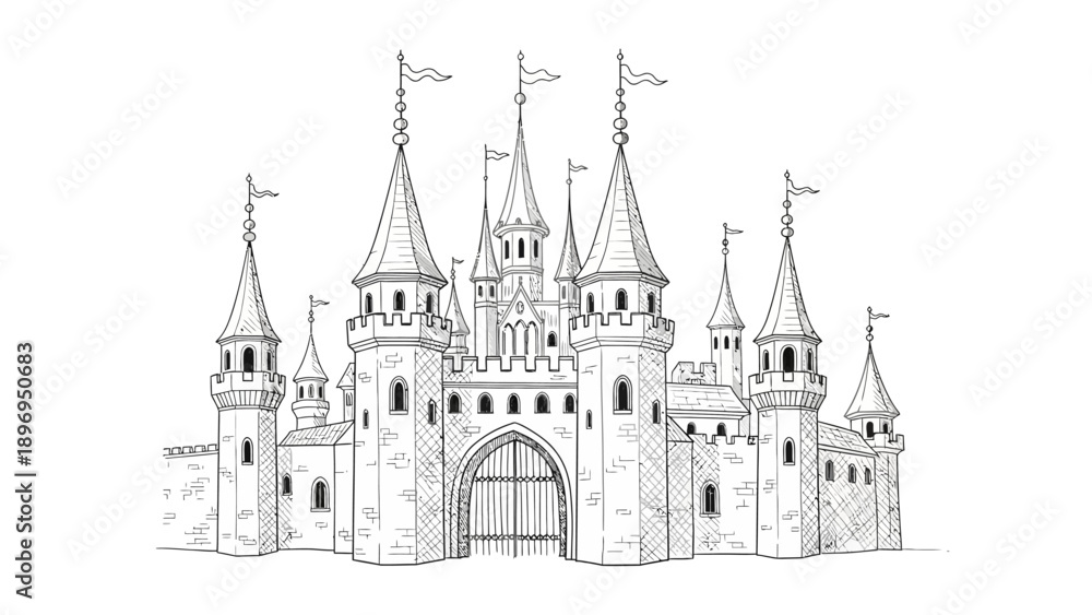 Obraz premium Detailed Black and White Castle Illustration with Towers and Flags