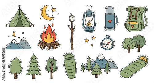 Camping Gear and Nature Elements Collection Hand Drawn Style.