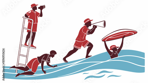 Diverse Lifeguard Team Actively Monitoring Beach Water Rescue Operations for Summer Safety Awareness and Emergency Response Training
