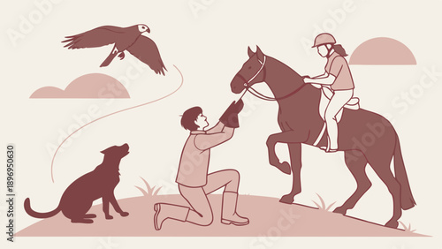 Equestrian Falconry Scene with Horse Rider Man and Dog Outdoors for Lifestyle Adventure Web Design or Country Magazine Illustration