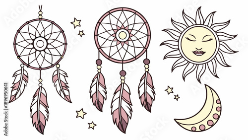 Boho Dreamcatchers Sun Moon Stars Tattoo Design Spiritual Boho Decor for Bohemian Web Design or Spiritual Branding Projects