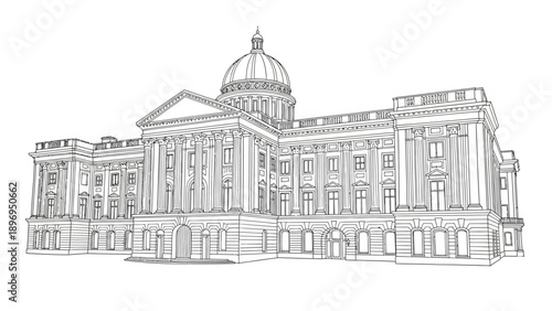 Detailed Black and White Architectural Line Drawing of a Government Building
