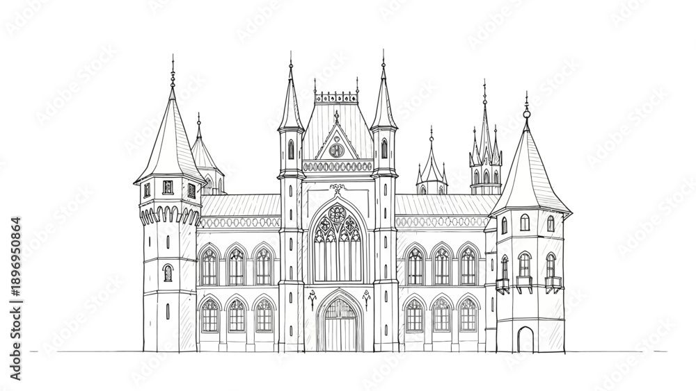 Fototapeta premium Detailed Pen and Ink Drawing of Gothic Castle Architecture