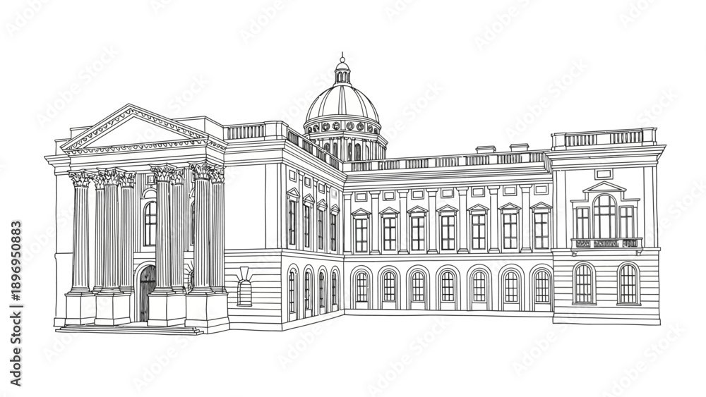 Obraz premium Detailed Architectural Line Drawing of a Grand Classical Building with Dome