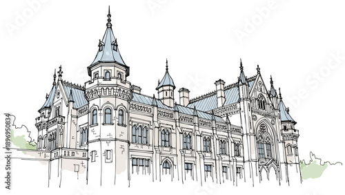 Detailed Architectural Sketch of a Gothic Revival Style Building