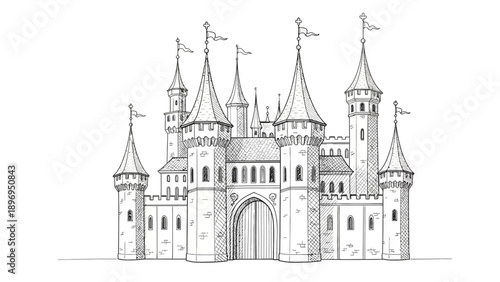 Detailed Pen and Ink Drawing of a Fairytale Castle with Towers