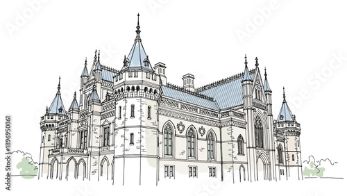 Detailed Architectural Illustration of a Gothic Castle with Towers and Spire