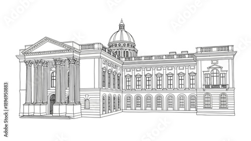 Detailed Architectural Line Drawing of a Grand Classical Building with Dome