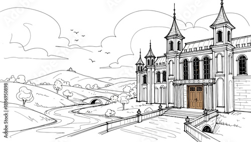 Elegant Architectural Sketch of a Grand Building with Spired Towers and Arches