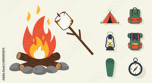 Campfire with Marshmallow and Camping Gear Icons.