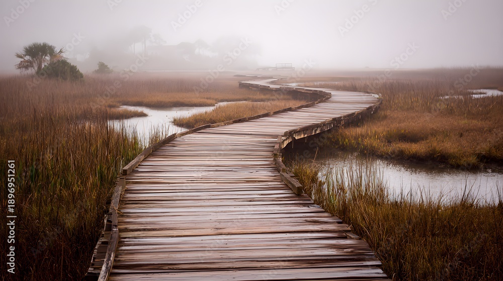 Fototapeta premium Winding wooden boardwalk through a misty marsh with tall reeds and serene water reflections on a foggy day